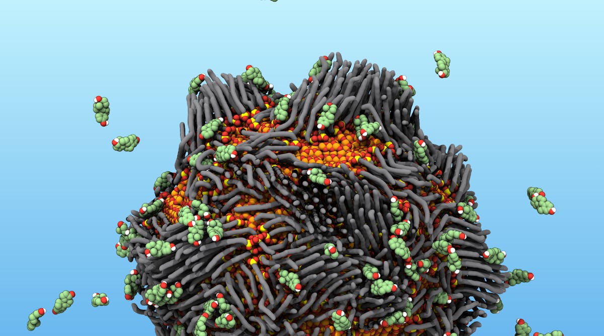 An illustration of the &ldquo;smart rust&rdquo; nanoparticle attracting floating estrogen molecules.